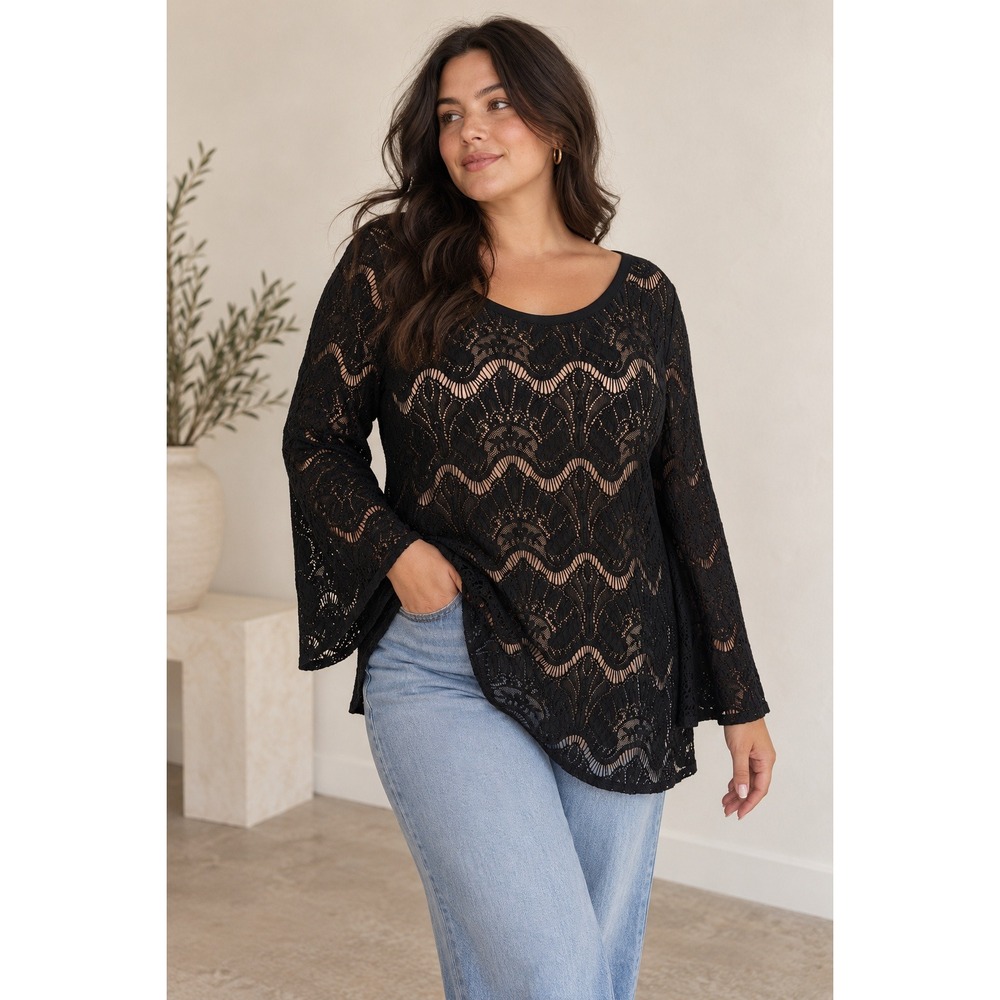 CHICO'S | Lace Bell Sleeve Blouse Women Size 2 Large Black Whimsigoth Boho Top
